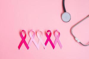 concienciación sobre el cáncer de mama, cinta rosa con estetoscopio sobre fondo rosa para apoyar a las personas que viven y están enfermas. cuidado de la salud de la mujer y concepto del día mundial del cáncer foto