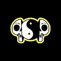 Two half of Skeleton head with yin yang symbol inside, illustration for t-shirt, street wear, sticker, or apparel merchandise. With doodle, retro, and cartoon style. vector