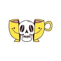 Two half of Cup of coffee with skull head inside, illustration for t-shirt, street wear, sticker, or apparel merchandise. With doodle, retro, and cartoon style. vector