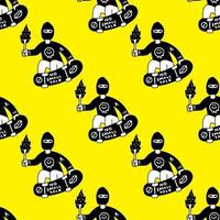 Man with robber mask riding skateboard, seamless pattern background illustration for t-shirt, sticker, or apparel merchandise. With doodle, retro, and cartoon style. vector