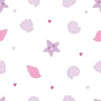 Seamless pattern with cute starfish, shells and heart. Vector childish illustration