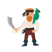 Cute pirate with a sword and a parrot on his shoulder. Vector illustration