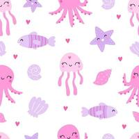 Seamless pattern with jellyfish, octopus, fish, starfish and shells. Vector illustration