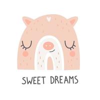 Cute rainbow with pig face and lettering SWEET DREAMS. Nursery art. Vector illustration