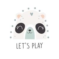 Cute rainbow with panda face and lettering LETS PLAY. Nursery art. Vector illustration