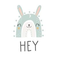 Rainbow with cute rabbit face and lettering HEY. Nursery art. Vector illustration