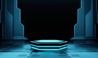 Cyberpunk blue empty hexagon podium in the dark spaceship with glowing light for product presentation. Technology and Sci-fi concept. 3D illustration rendering photo