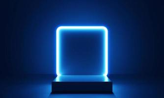 Cyberpunk blue empty podium with glowing lamp frame in the dark for product presentation. Technology and Sci-fi concept. 3D illustration rendering photo