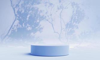 podio azul pastel con iluminación de sombra de árbol desde el fondo de la ventana exterior. papel tapiz abstracto y concepto geométrico. representación de ilustración 3d foto