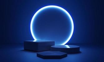Cyberpunk blue empty podium with glowing lamp frame in the dark for product presentation. Technology and Sci-fi concept. 3D illustration rendering photo
