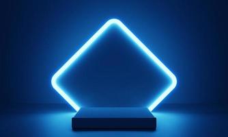 Cyberpunk blue empty podium with glowing lamp frame in the dark for product presentation. Technology and Sci-fi concept. 3D illustration rendering photo