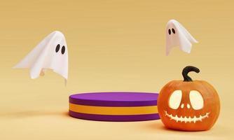 Halloween Jack O Lantern one stage podium for product presentation background. Holiday festival and seasonal concept. 3D illustration rendering photo