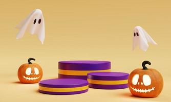 Halloween Jack O Lantern three stage podium for product presentation background. Holiday festival and seasonal concept. 3D illustration rendering photo