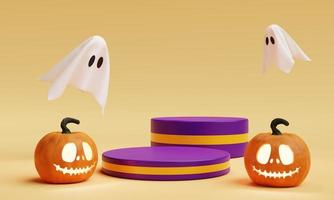 Halloween Jack O Lantern two stage podium for product presentation background. Holiday festival and seasonal concept. 3D illustration rendering photo