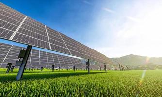 Solar power station with solar panels for producing electric power energy by green power. Technology and electrical industrial power plant concept. 3D illustration rendering photo