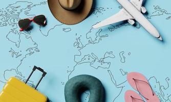 accesorios y equipos de viaje con mapa mundial de papel azul y fondo de equipo de pasión por los viajes. moda y concepto popular. representación de ilustración 3d foto