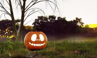 halloween jack o linterna calabaza bajo el árbol muerto en un bosque aterrador en otoño. temporada de vacaciones y concepto de ideas de temporada. representación de ilustración 3d foto