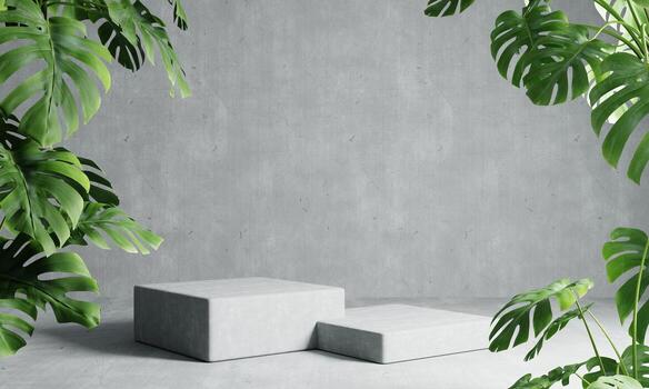 Two rectangle podiums in grey loft color background with Monstera plant foreground. Abstract wallpaper template element and architecture interior object concept.3D illustration rendering photo