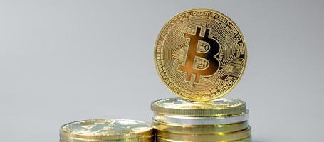 golden Bitcoin cryptocurrency coin stack, Crypto is Digital Money within the blockchain network, is exchanged using technology and online internet exchange. Financial concept photo