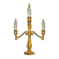 The candle flame is lit by a white candle on a candlestick retro old line art etching vector