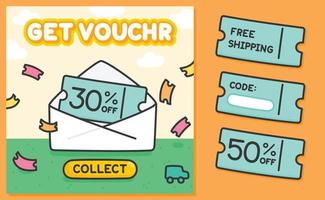 Get voucher sale thirty or fifty percent off ad image with free shipping and blank space for code text kawaii doodle cartoon vector