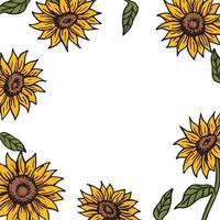 Sunflowers retro old line art etching vector border frame template