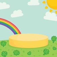 Rainbow and clover in bright sky sun blank podium for product scene kawaii doodle cartoon vector