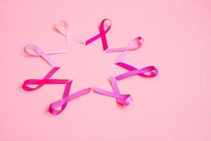 octubre mes de concientización sobre el cáncer de mama, cinta rosa sobre fondo rosa para apoyar a las personas que viven y están enfermas. concepto del día internacional de la mujer, la madre y el día mundial del cáncer foto