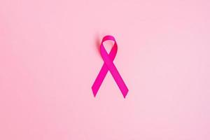 octubre mes de concientización sobre el cáncer de mama, cinta rosa sobre fondo rosa para apoyar a las personas que viven y están enfermas. concepto del día internacional de la mujer, la madre y el día mundial del cáncer foto