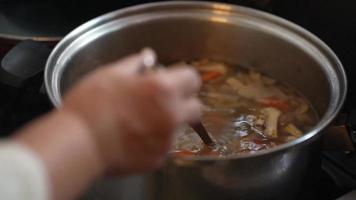 Frauenhände machen Schweinefleischsuppe video