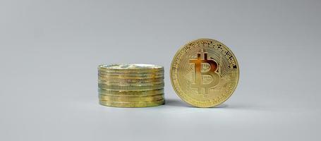 golden Bitcoin cryptocurrency coin stack, Crypto is Digital Money within the blockchain network, is exchanged using technology and online internet exchange. Financial concept photo
