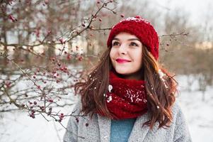 retrato de una chica gentil con abrigo gris, sombrero rojo y bufanda cerca de las ramas de un árbol cubierto de nieve. foto