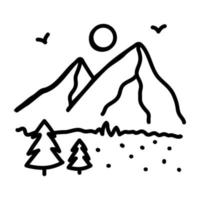 una hermosa vista de las montañas en un icono dibujado a mano vector