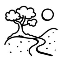 A scenic view of a tree with sun, doodle icon vector