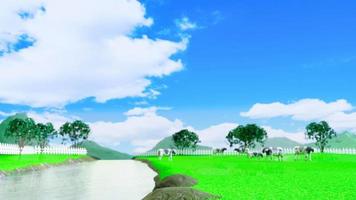 Moving white cloud  out of focus backgrounds in a wide meadow. There are cows walking to eat grass. The sky is clear. Extensive grassland scenery. 3D rendering. video