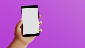 Smartphone with blank white screen on the left hand of a person. Concept image of using technology in mobile phones. Use your thumb to slide your smartphone screen. pastel purple background
