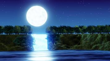 Waterfall cliff. Full moon night. Blue tone. Forest nature. Mountains and waterfalls. Glowing at night. Fantasy style. 3D Rendering. video