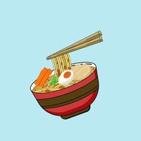 fideos de ternera y huevo con curry, use palillos para recoger fideos ilustración vectorial vector