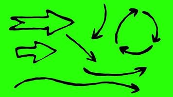 conjunto de diferentes estilos dibujados a mano de garabato animado de flecha sobre fondo verde