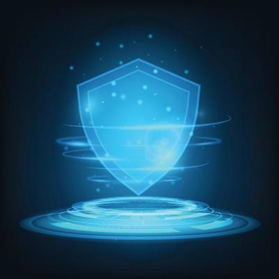 Vector blue shield with glowing effect. Security data concept.