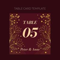 Floral wedding Table number template in elegant golden style, invitation card design with gold flowers with leaves, dots and berries. Vector decorative frame  on rich red background.