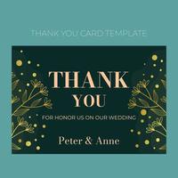 Floral wedding Thank you card template in elegant golden style, invitation card design with gold flowers with leaves, dots. Decorative frame pattern and wreath. Vector  decoration on rich green