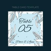 Floral wedding Table number template in hand drawn doodle style, invitation card design with line flowers and leaves, dots. Vector decorative frame on white and blue background.