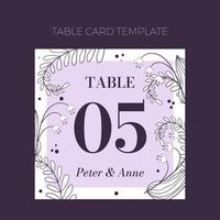 Floral wedding Table number template in hand drawn doodle style, invitation card design with line flowers, leaves, fern and dots. Vector decorative frame on white and lilac background.