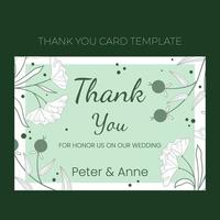 Floral wedding Thank you card template in hand drawn doodle style, invitation card design with line flowers and leaves,  dots and berries. Vector decorative frame on white and green background.