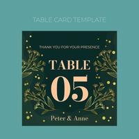 Floral wedding Table number template in elegant golden style, invitation card design with gold flowers with leaves, dots. Decorative frame pattern and wreath. Vector  decoration on rich green