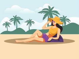 Girl relaxing and sunbathing on beach summer time vector