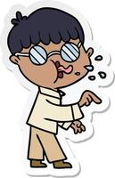 sticker of a cartoon boy wearing spectacles and making point vector