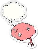 cartoon injured brain and thought bubble as a printed sticker vector