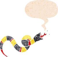 cartoon hissing snake and speech bubble in retro textured style vector